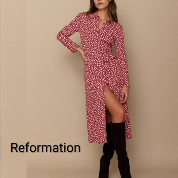 Reformation Dresses & Skirts - $198 Reformation Brighton Button Down Shirt Dress Red Burgundy White floral sz S